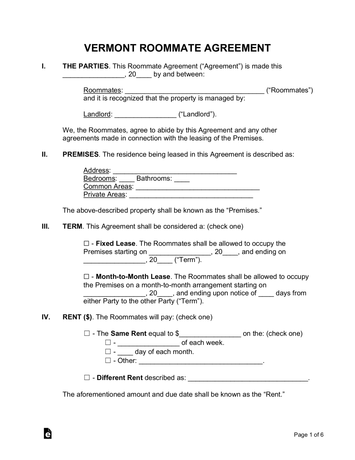 Free Vermont Roommate Agreement Form - PDF | Word – eForms