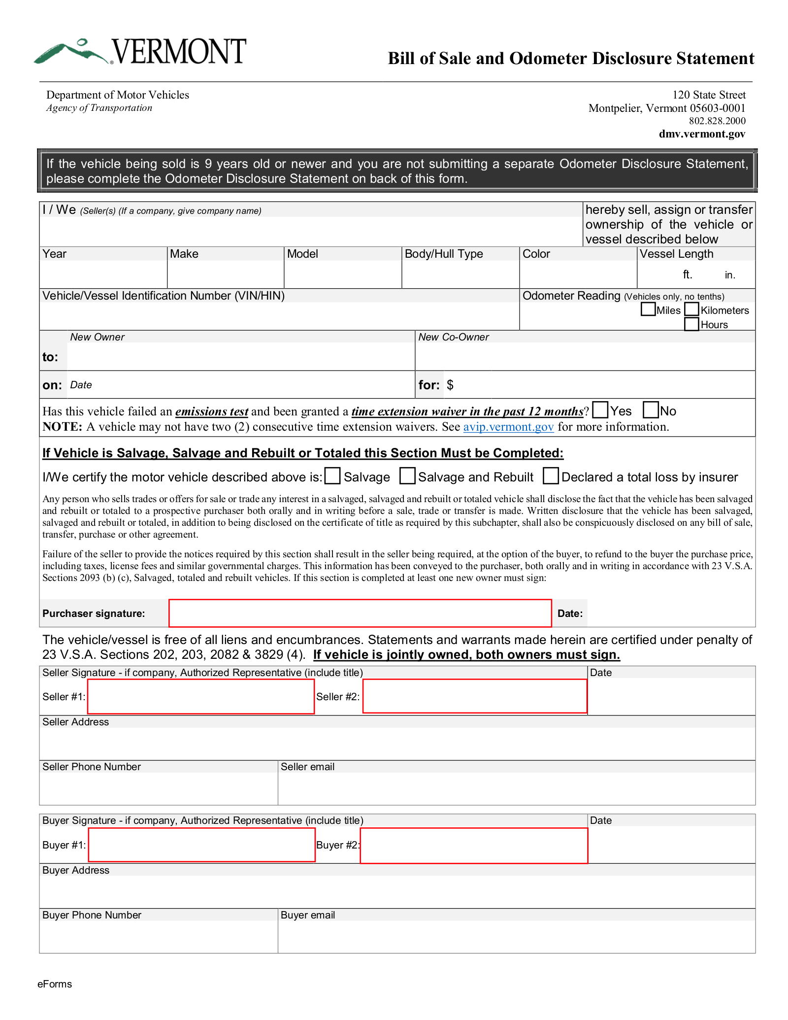 Vermont Boat Bill of Sale Form