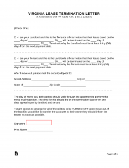 Virginia Lease Termination Letter Form | 30-Day Notice