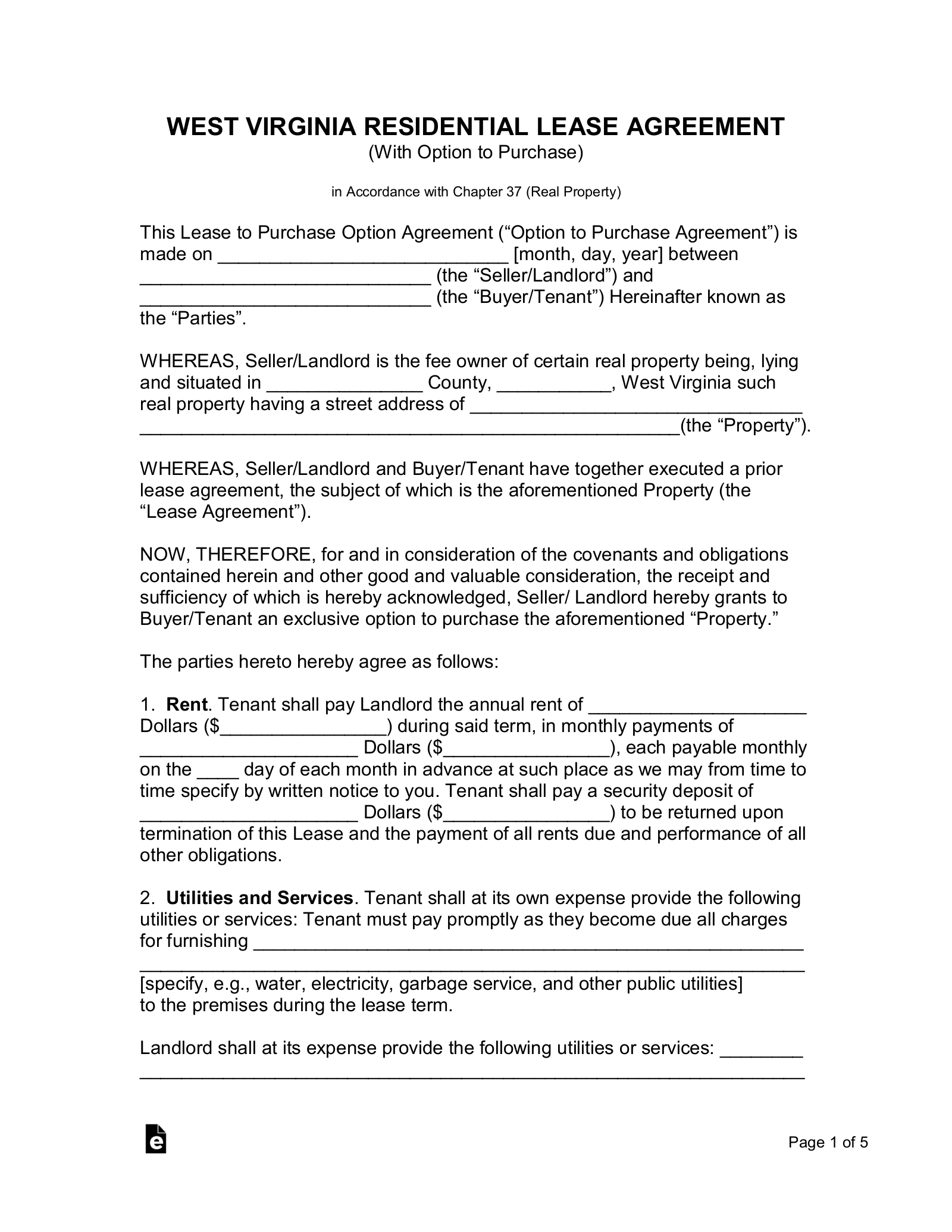 West Virginia Rent-to-Own Lease Agreement