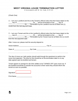 West Virginia Lease Termination Letter Form | 30-Day Notice