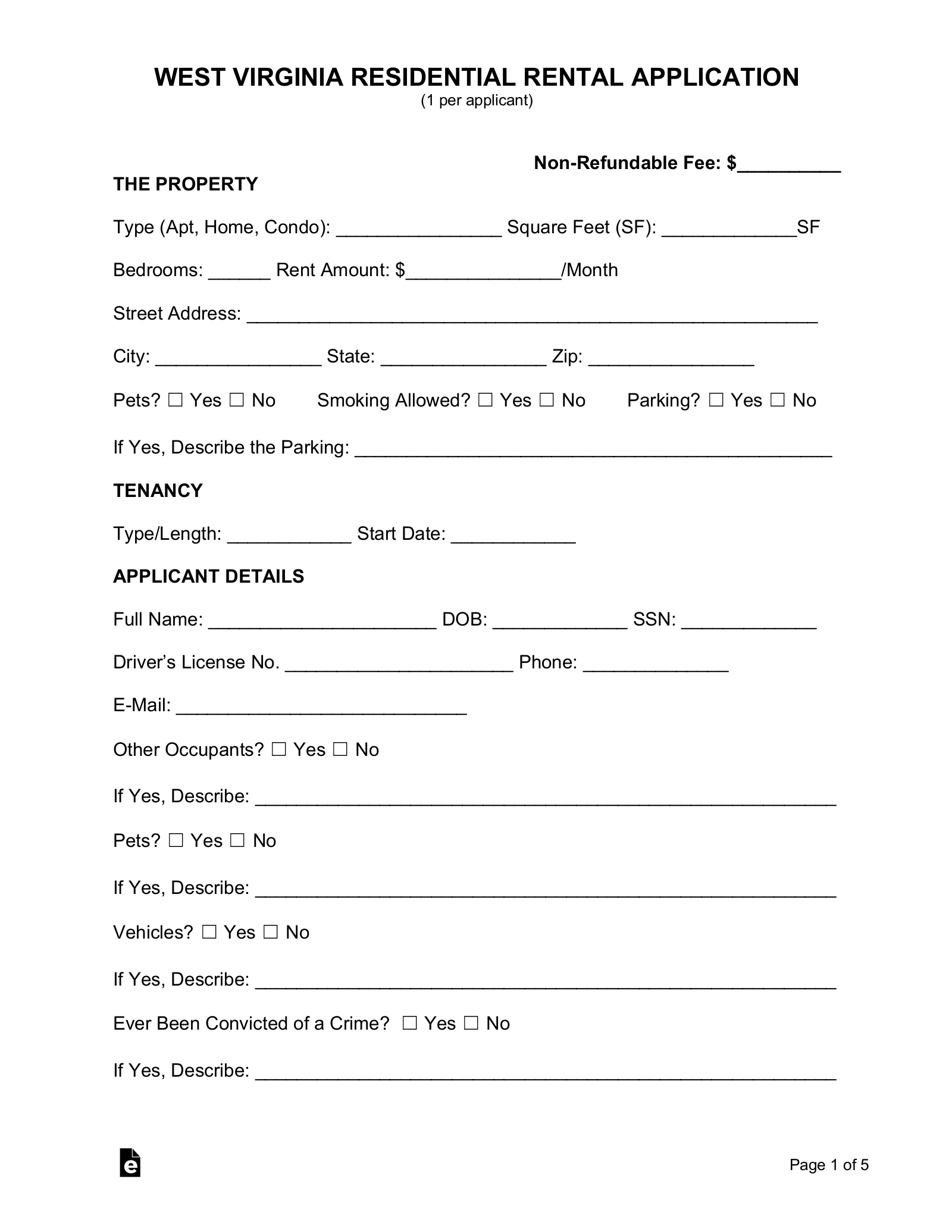 West Virginia Rental Application Form