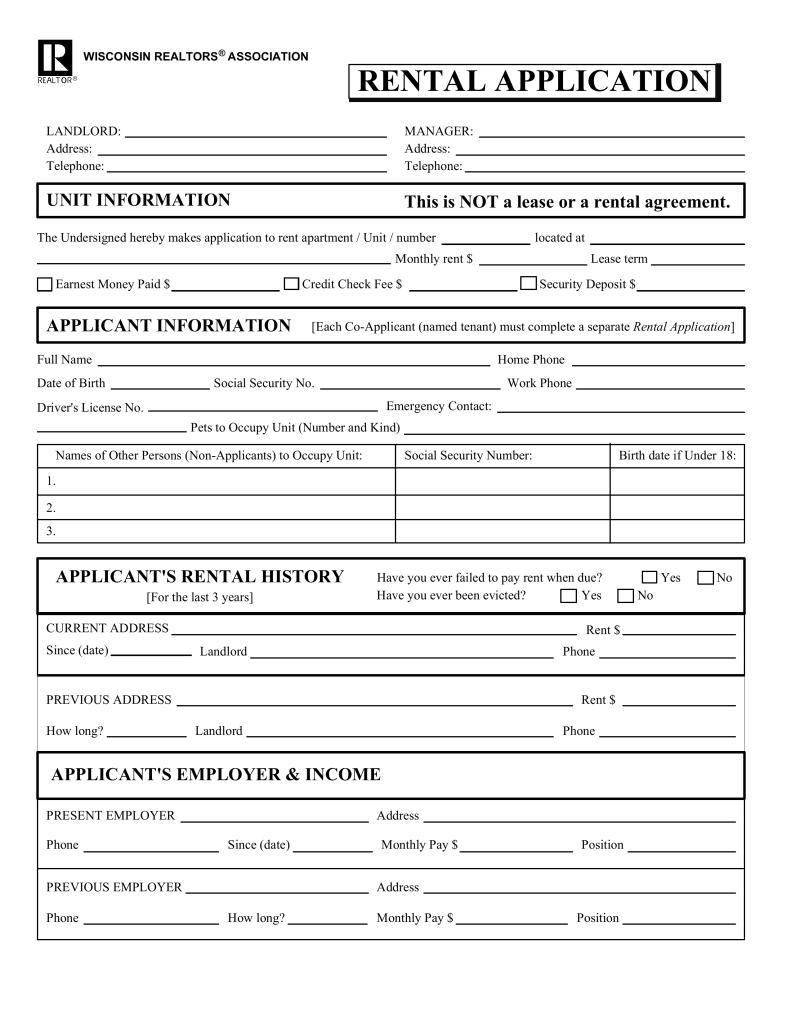 Free Wisconsin Association Of Realtors Rental Application Form PDF 