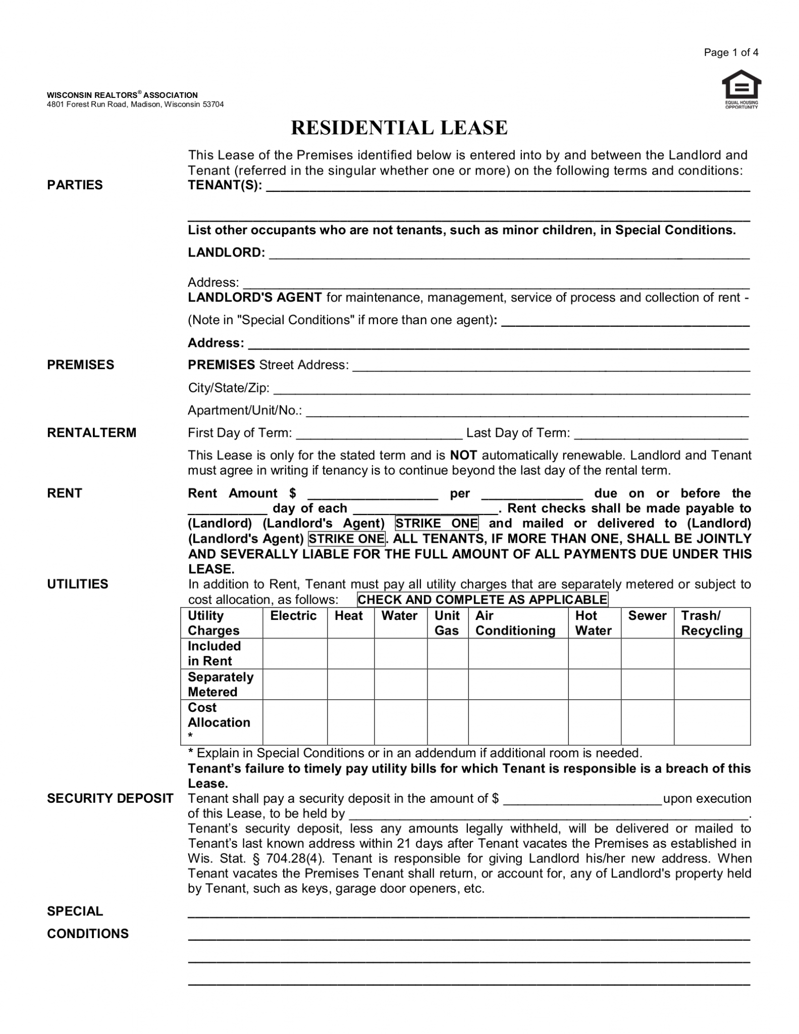 Free Wisconsin Association of Realtors Residential Lease Agreement