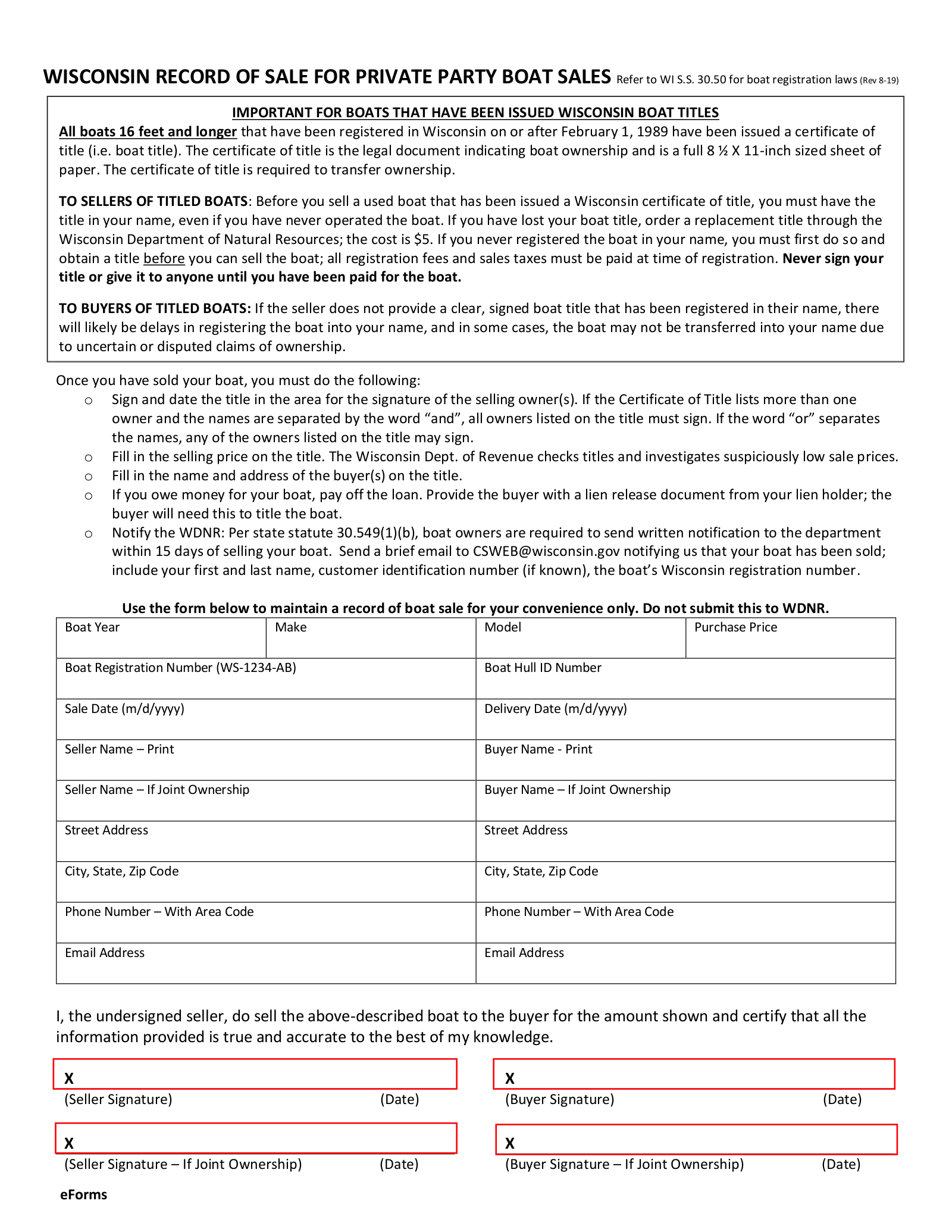 Free Wisconsin Boat Bill Of Sale Form PDF Word EForms