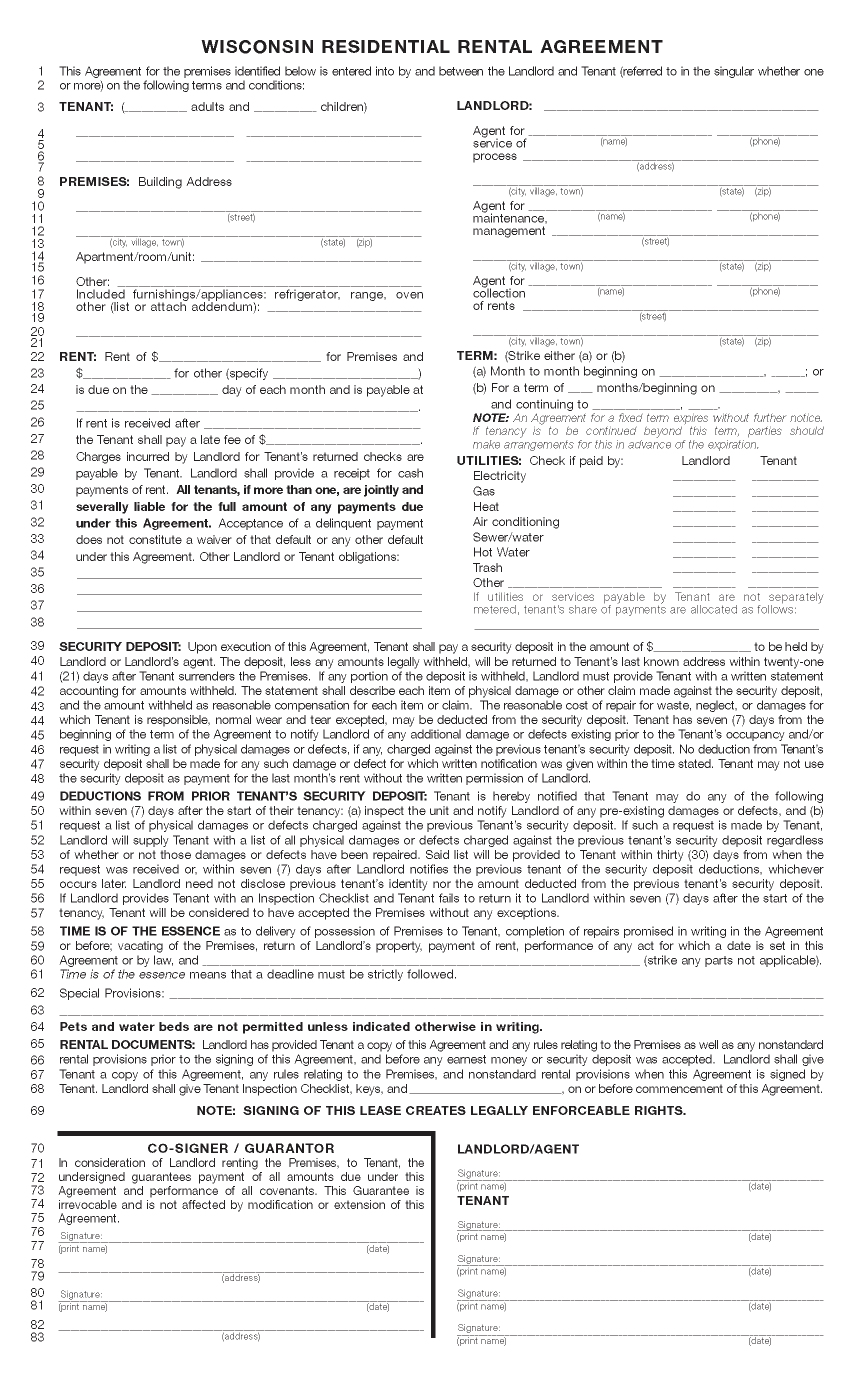 Printable Sample Residential Lease Form Rental Agreement