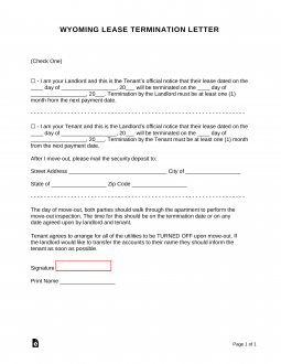 Wyoming Lease Termination Letter Form | 30-Day Notice