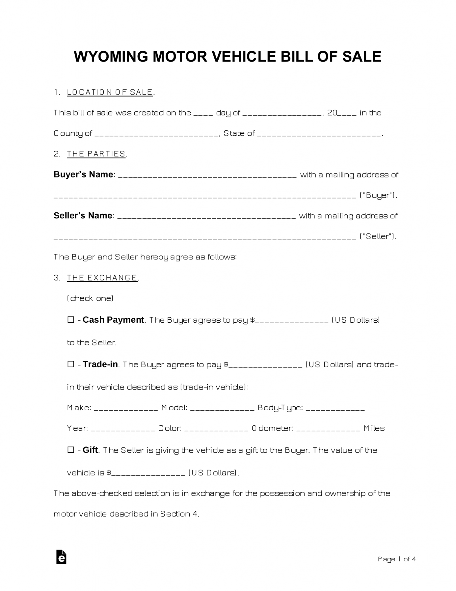Free Wyoming Motor Vehicle Bill of Sale Forms (11) - PDF | Word – eForms