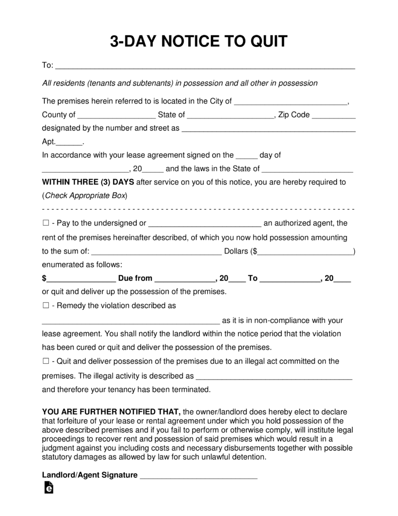 Free Three (3) Day Eviction Notice to Pay or Quit PDF Word eForms