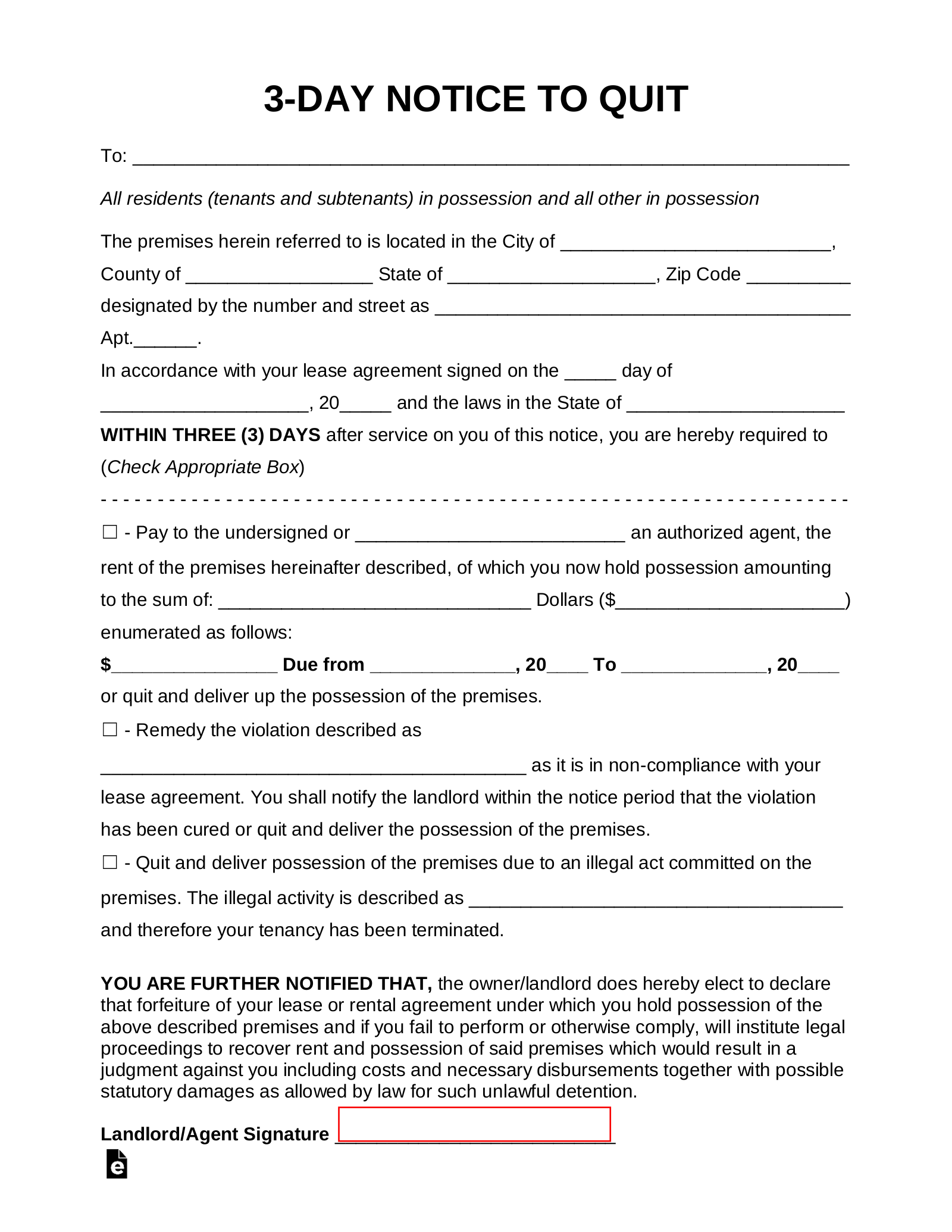 Free Three (3) Day Eviction Notice to Pay or Quit PDF Word eForms