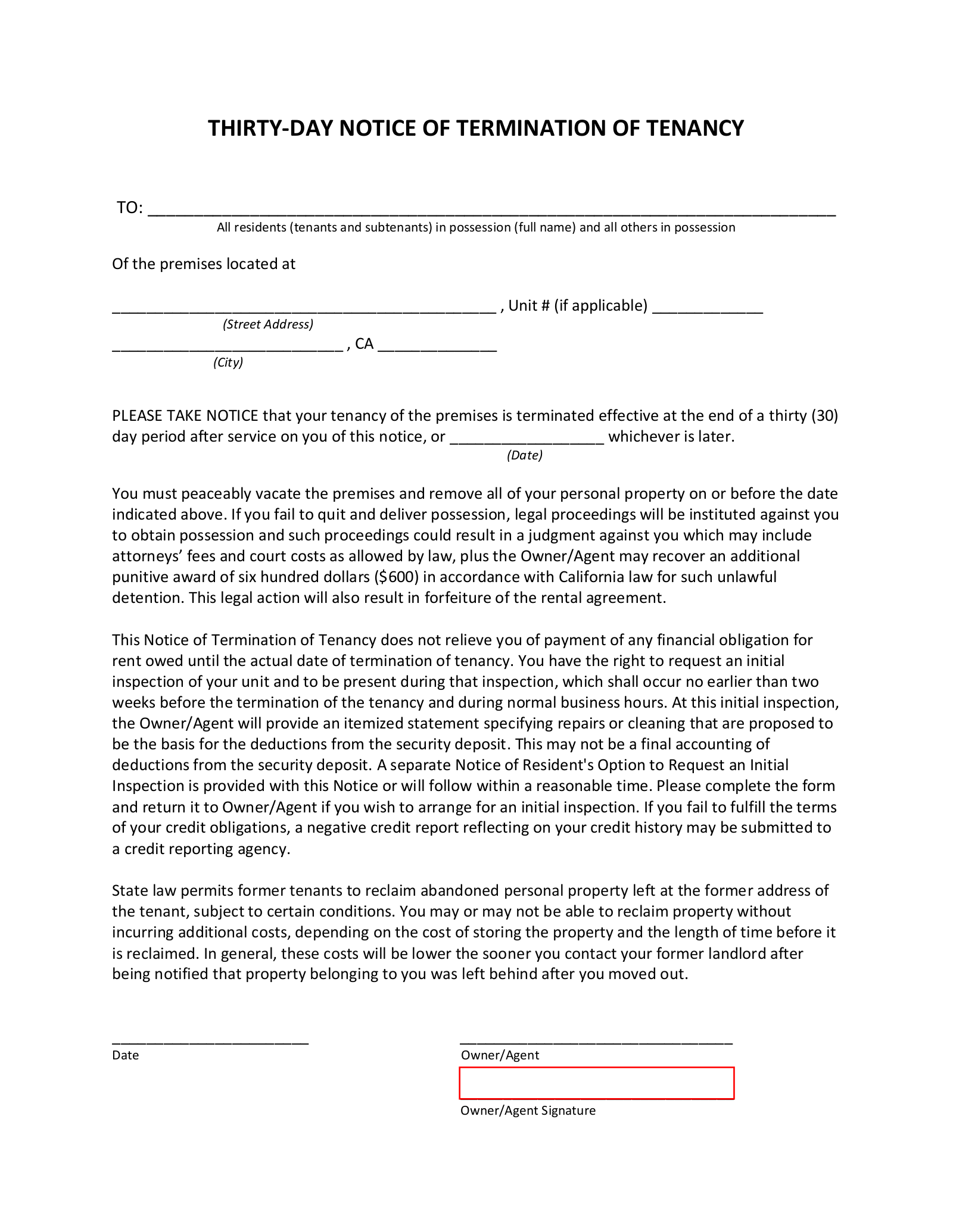 California Lease Termination Letters 30 60 Day Notice EForms