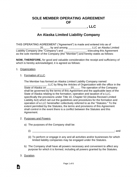 Alaska Single Member LLC Operating Agreement Form