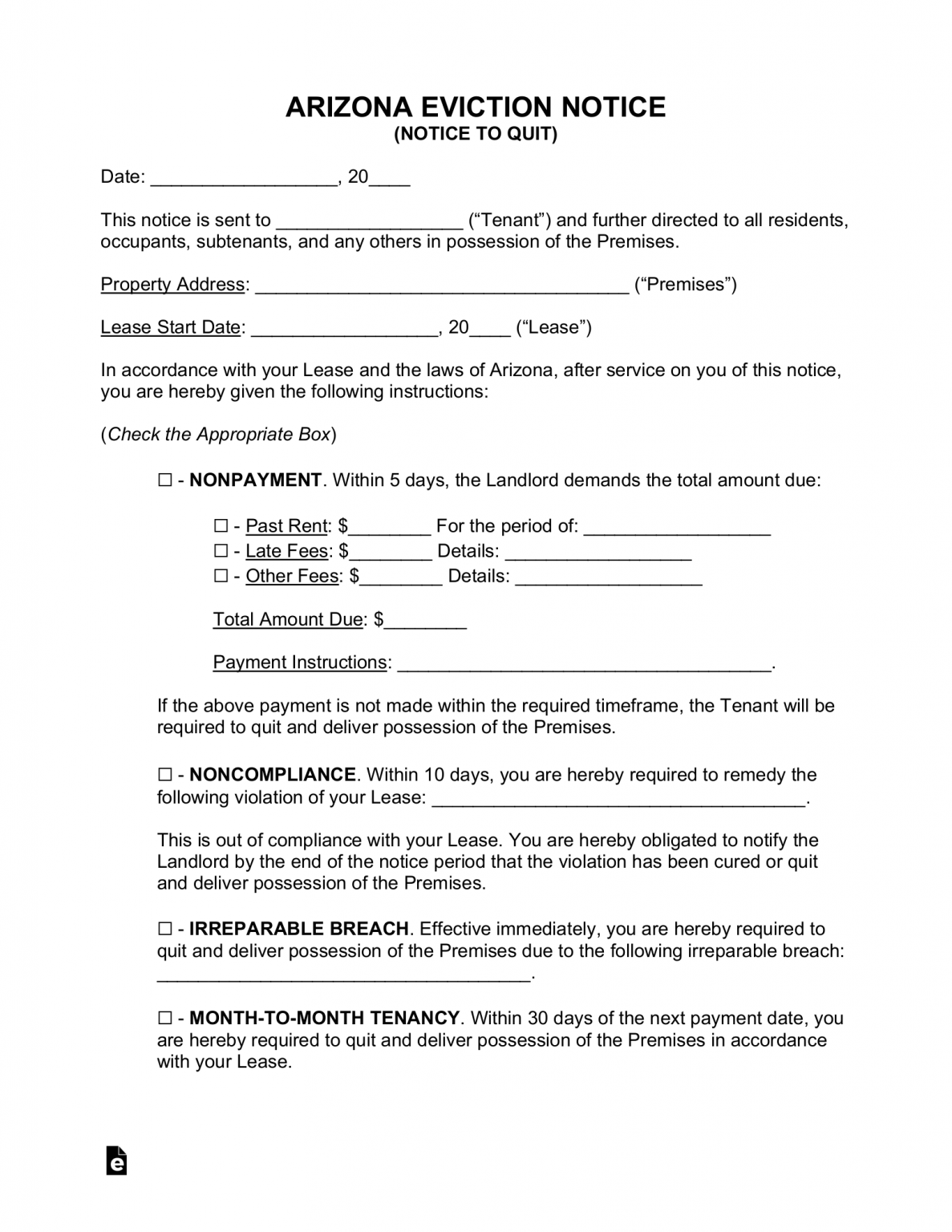 Free Arizona Eviction Notice Forms 4 PDF Word EForms