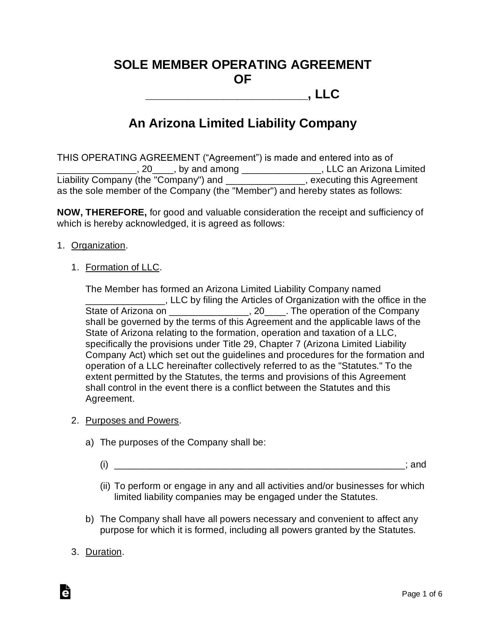 Arizona Single Member LLC Operating Agreement Form