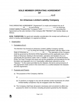 Arkansas Single-Member LLC Operating Agreement Form