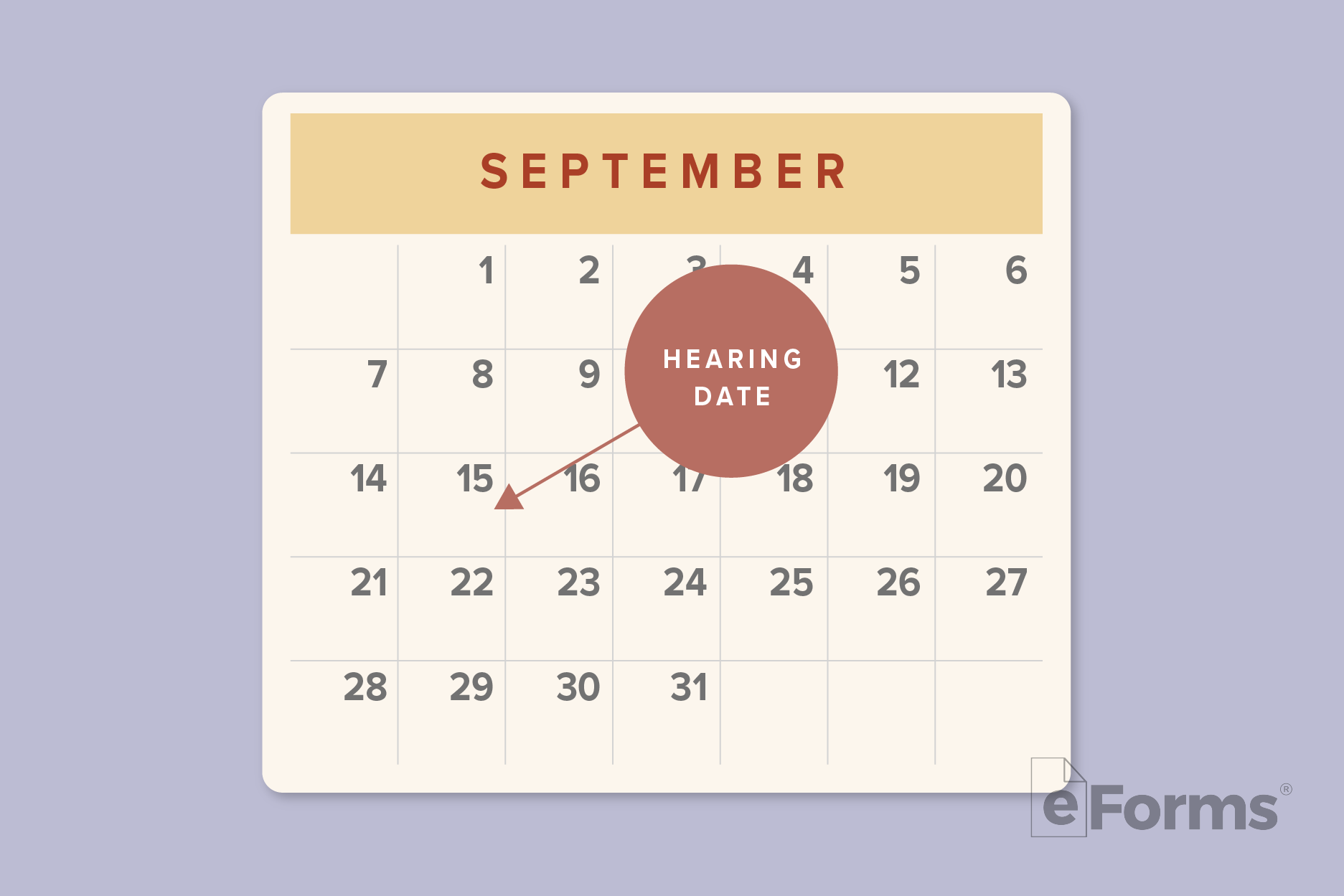 Wall calendar with Hearing Date in circle pointing to day.