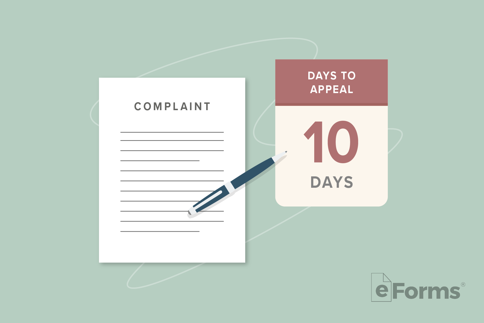 Complaint document and pen next to calendar with "10 Days" to appeal text. 
