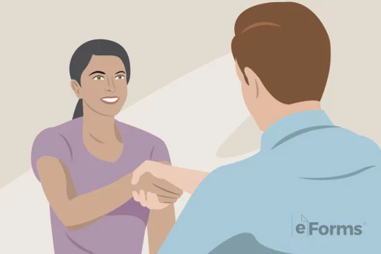 Woman shaking hands with man.