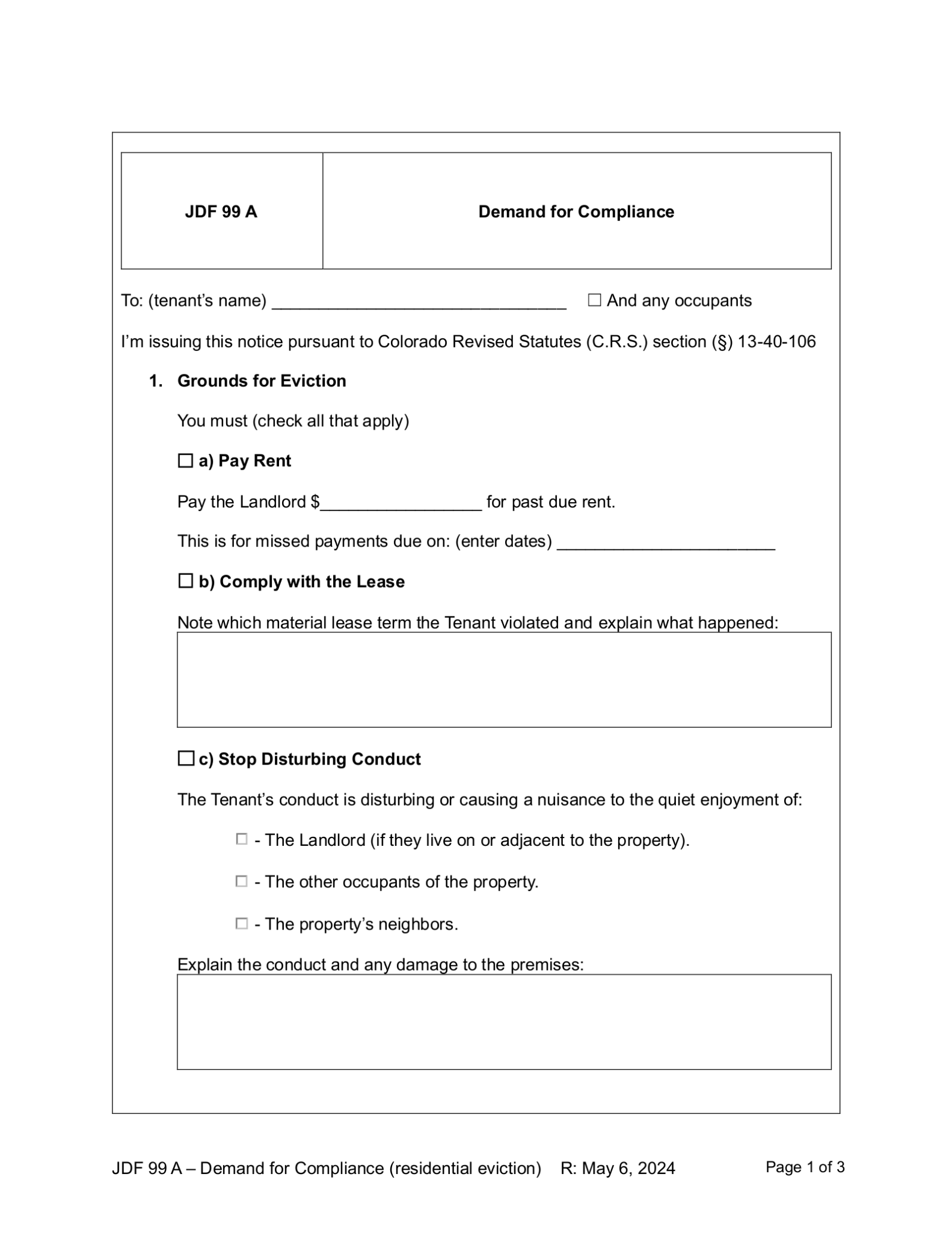 Free Colorado Notice of No-Fault Eviction (JDF 99 C) - PDF | Word – eForms