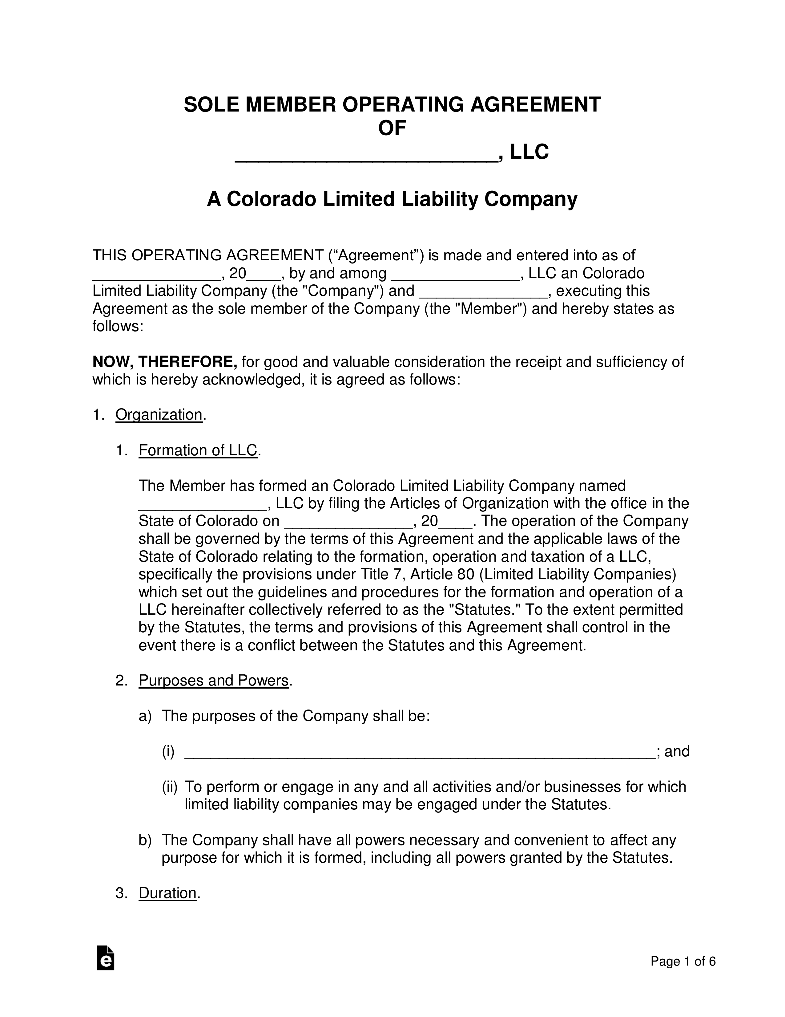 Colorado Single-Member LLC Operating Agreement Form