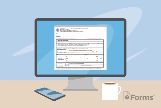 Desktop computer displaying online certificate of organization.