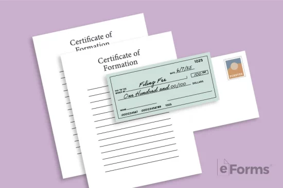 A flat lay of two copies of the Certificate of Formation document, the check, and a stamped envelope.
