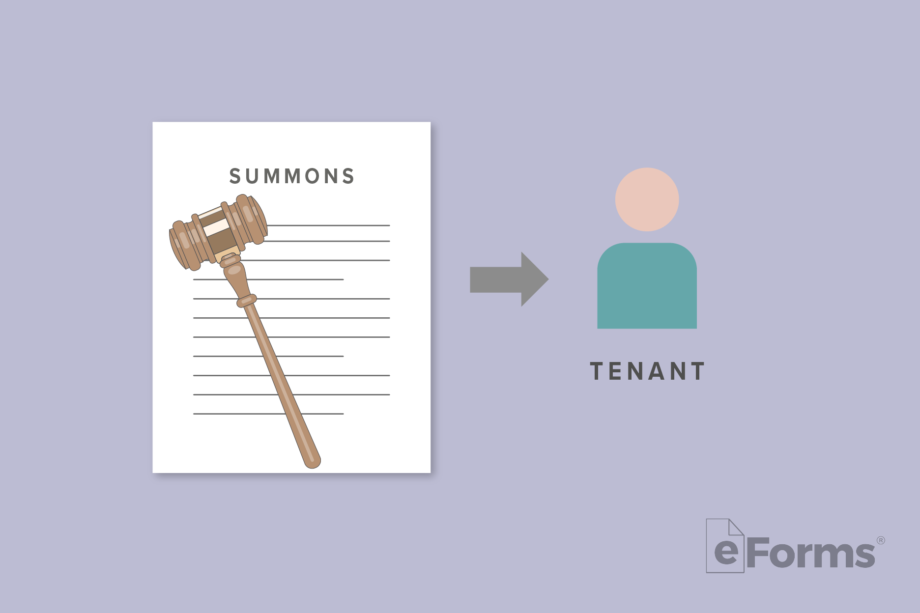 Summons with gavel with arrow pointing to icon of tenant.