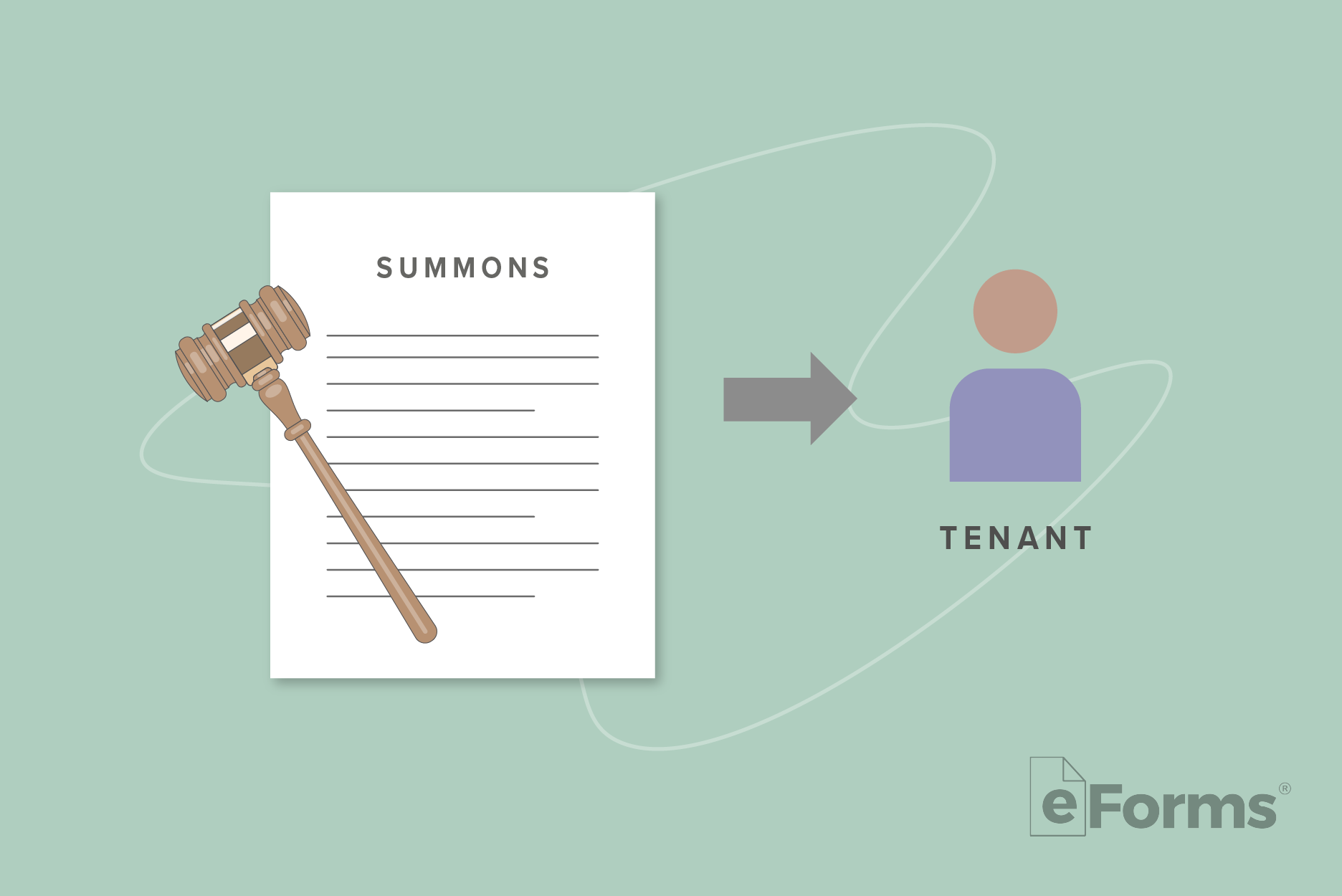 Gavel with Summons with arrow pointing to icon of tenant.