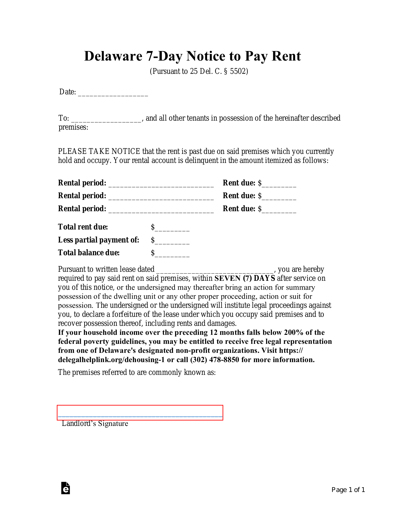 Delaware 7-Day Notice to Pay or Quit | Non-Payment of Rent