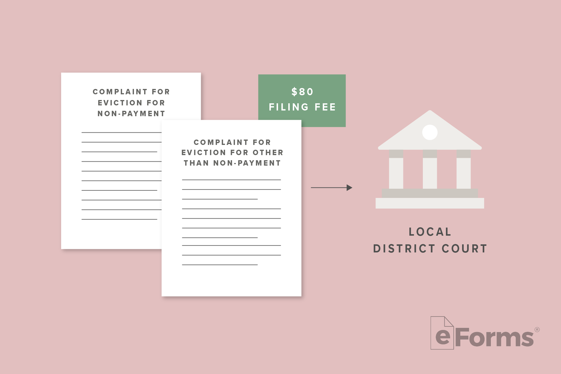 Two Complaint documents and Filing Fee with arrow pointing to icon of a Local District Court.
