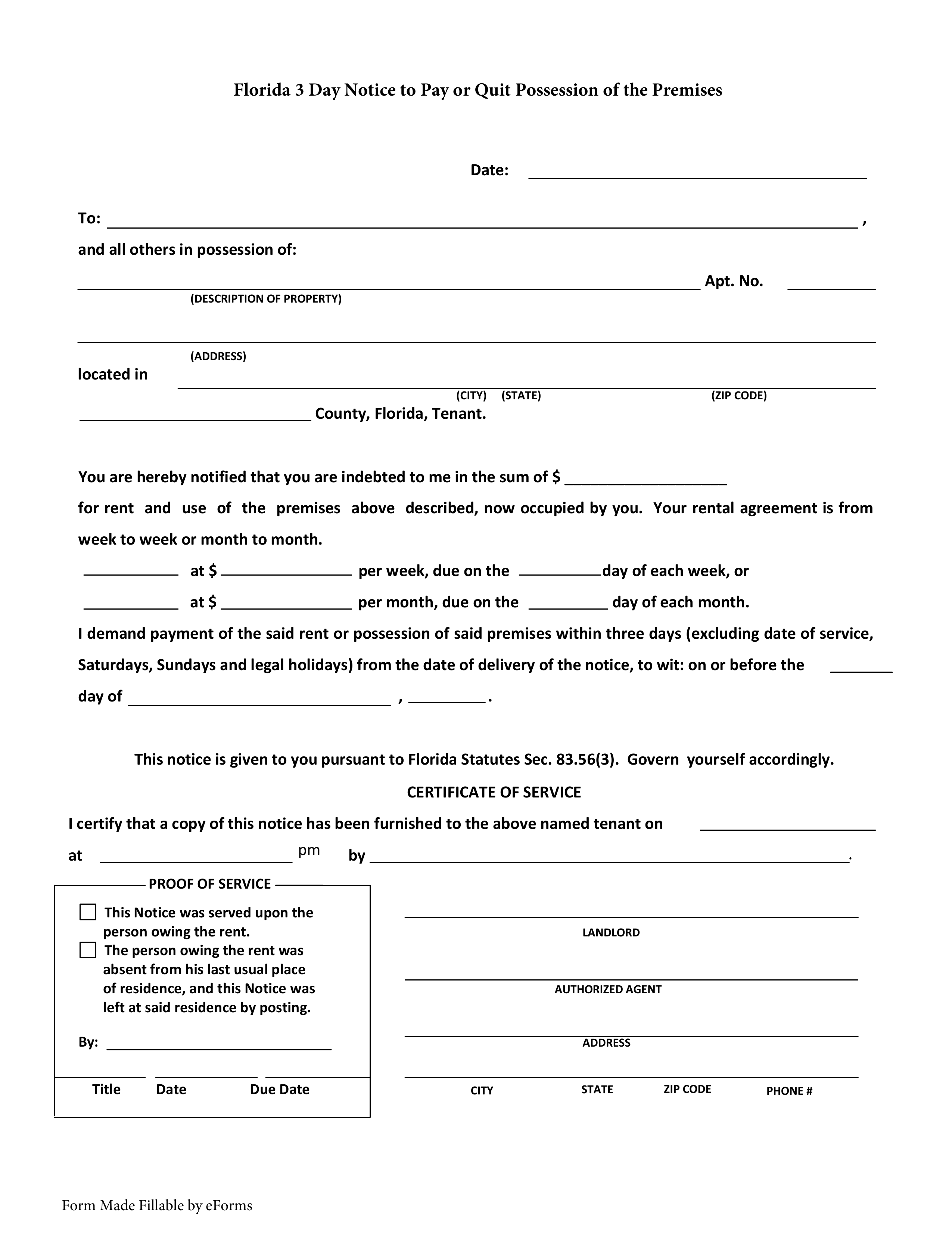 Florida 3-Day Notice to Quit Form | Non-Payment of Rent