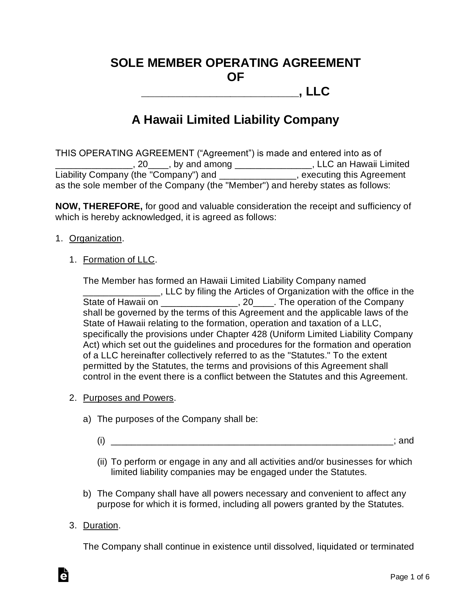 Hawaii Single-Member LLC Operating Agreement Form
