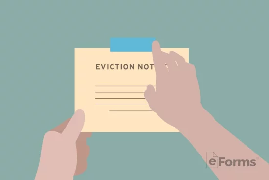 Hands tapping eviction notice on door.