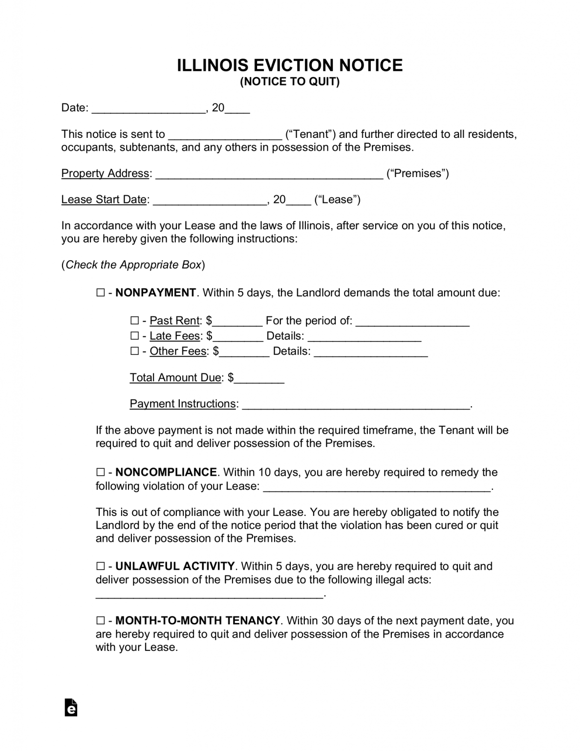 Free Illinois 5-Day Notice to Quit Form | Non-Payment of Rent - PDF ...