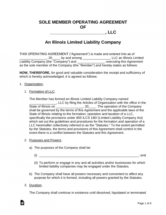 Illinois Single-Member LLC Operating Agreement Form