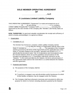 Louisiana Single Member LLC Operating Agreement Form