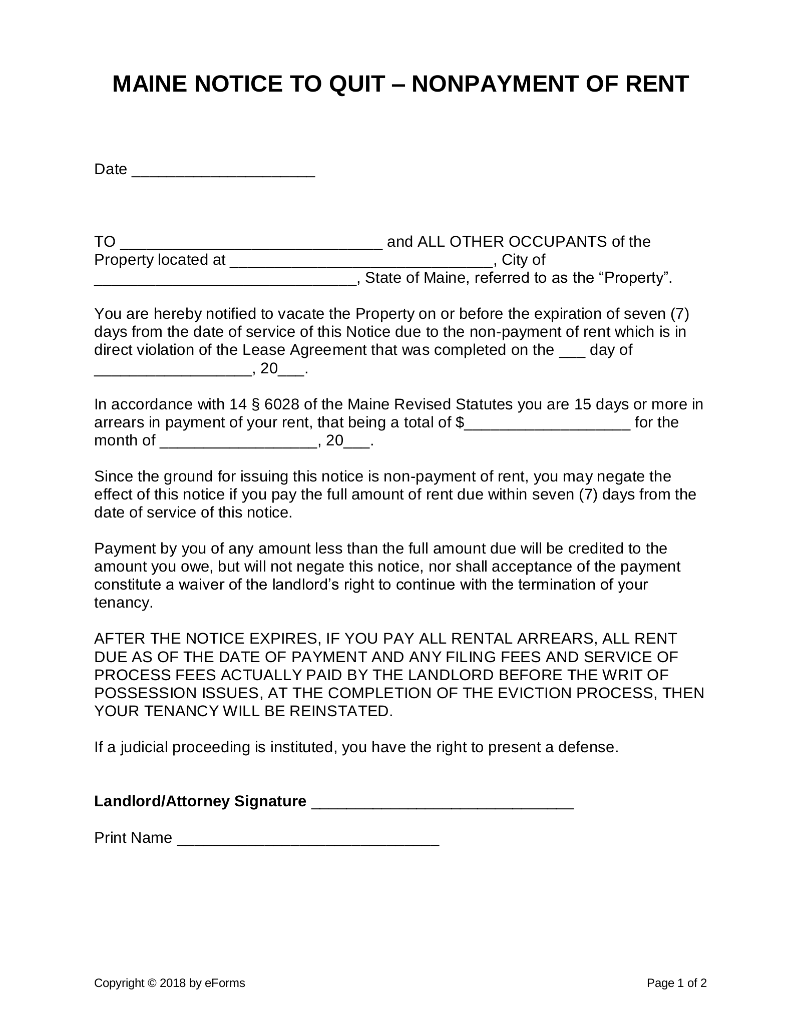 Free Maine 7 Day Notice To Quit Form Non Payment PDF Word EForms