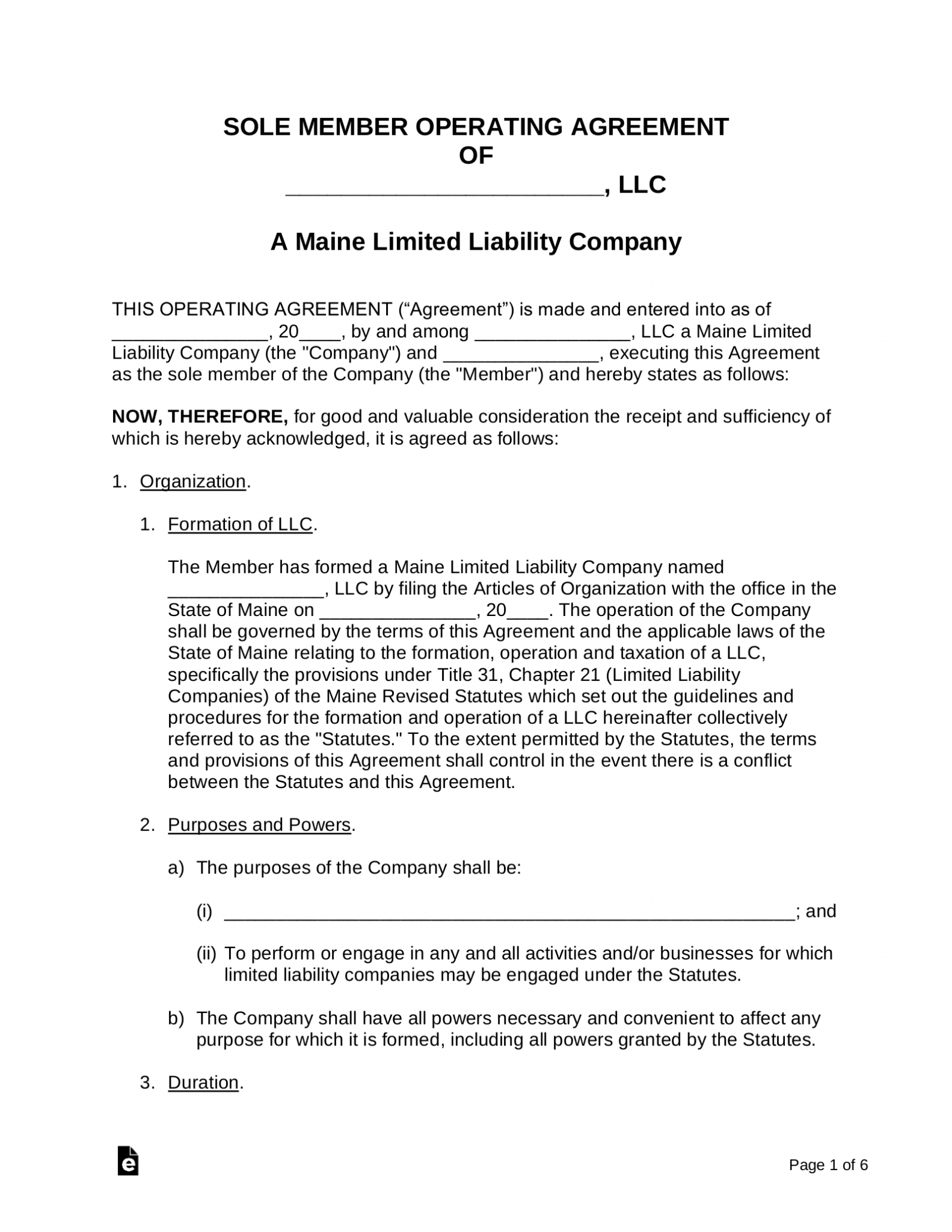 Free Maine Single-Member LLC Operating Agreement - PDF | Word – eForms