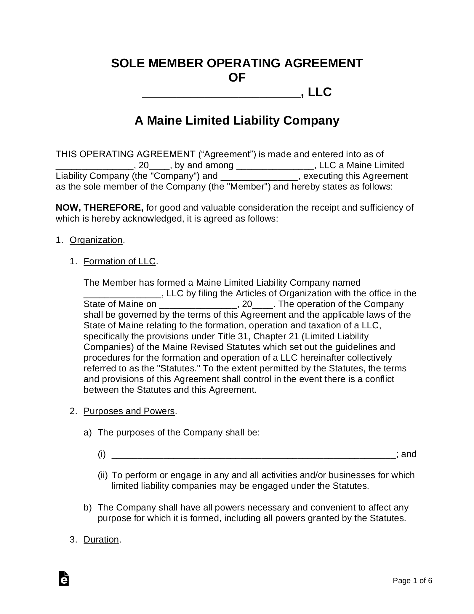 Maine Single Member LLC Operating Agreement Form