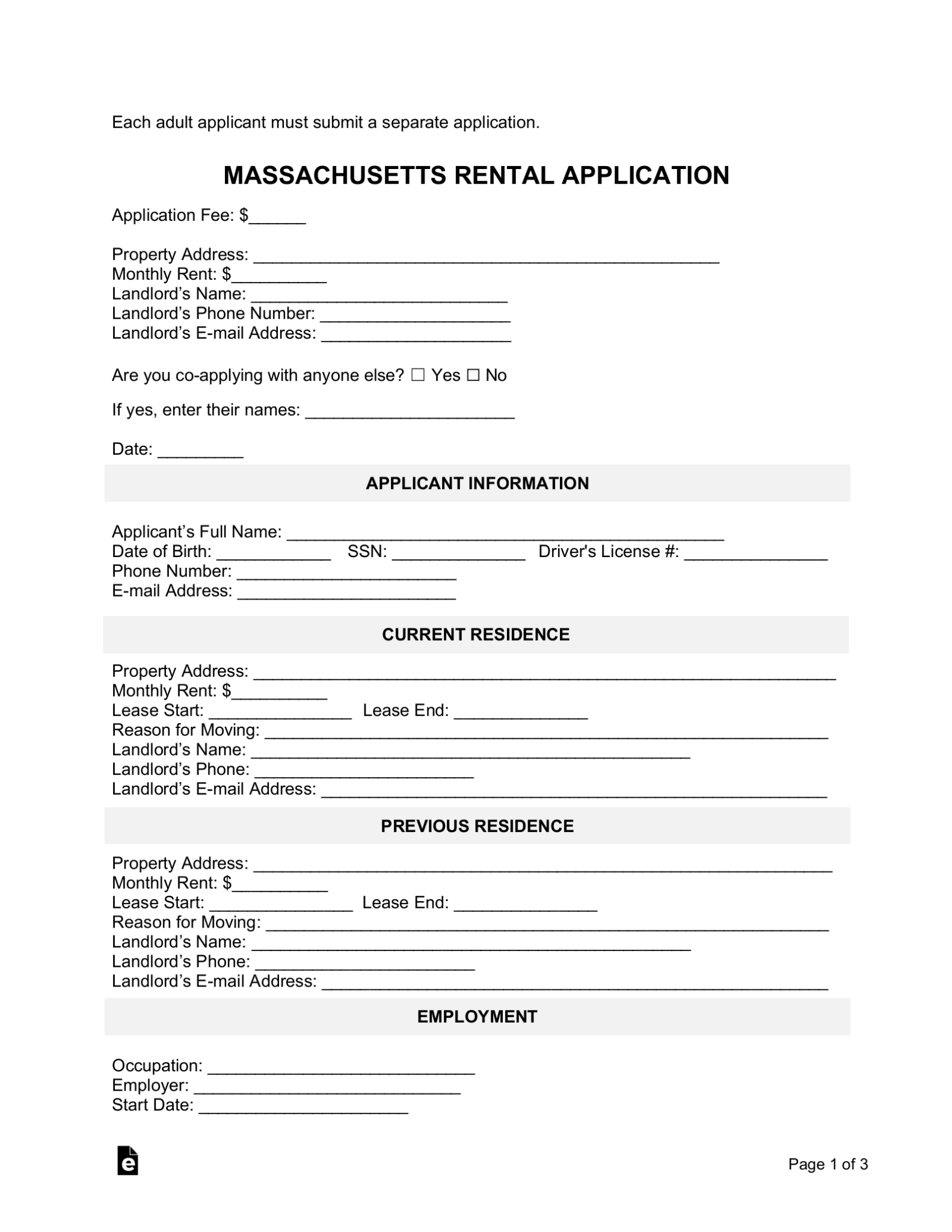 Free Massachusetts Rental Application Template PDF Word eForms