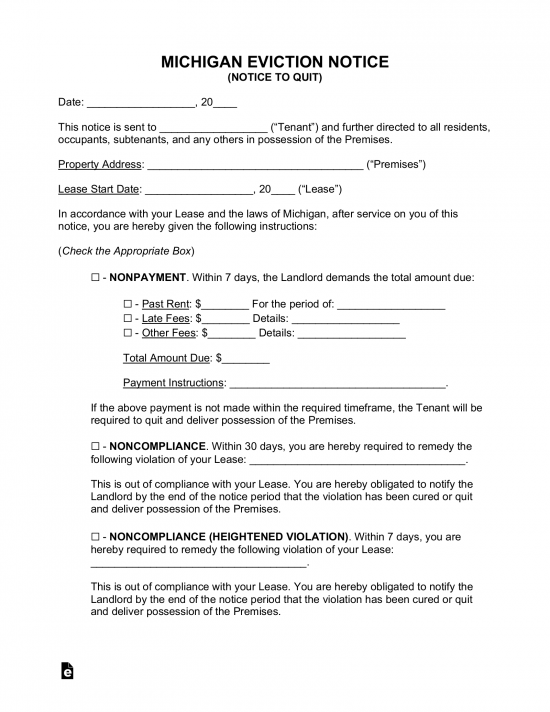 Free Michigan Eviction Notice Forms (4) PDF Word eForms
