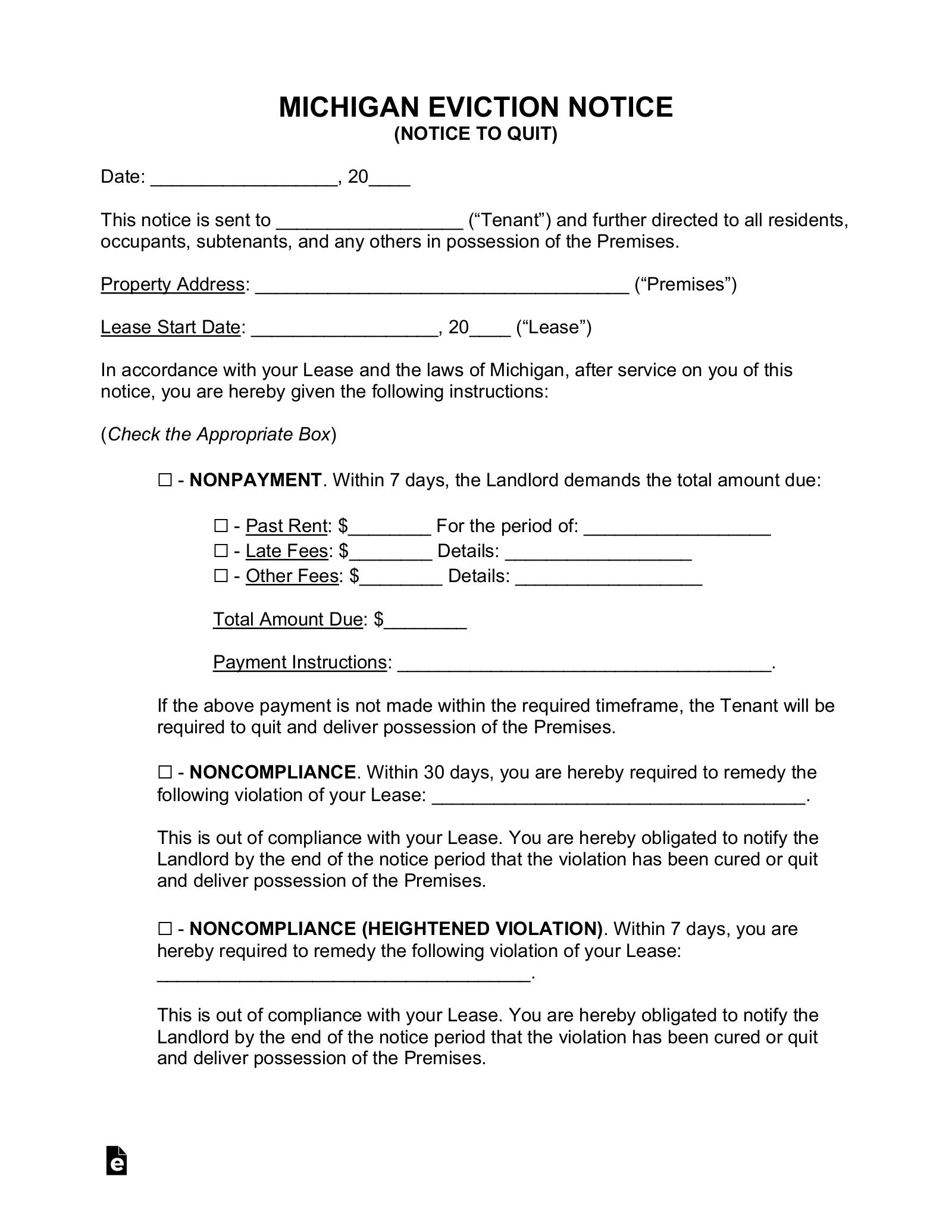 Free Michigan Eviction Notice Forms (4) PDF Word eForms