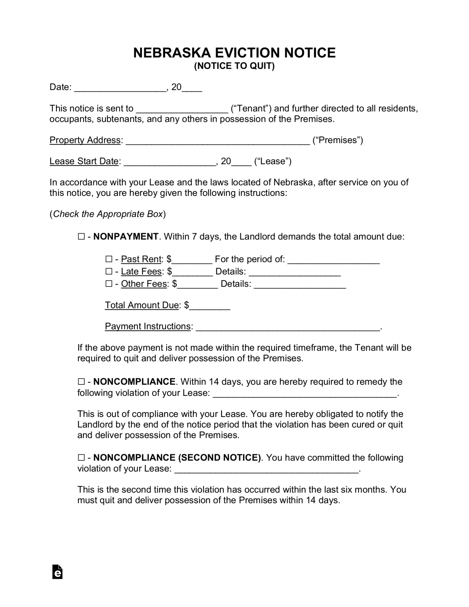 Free Nebraska Eviction Notice Forms (3) - PDF | Word – eForms