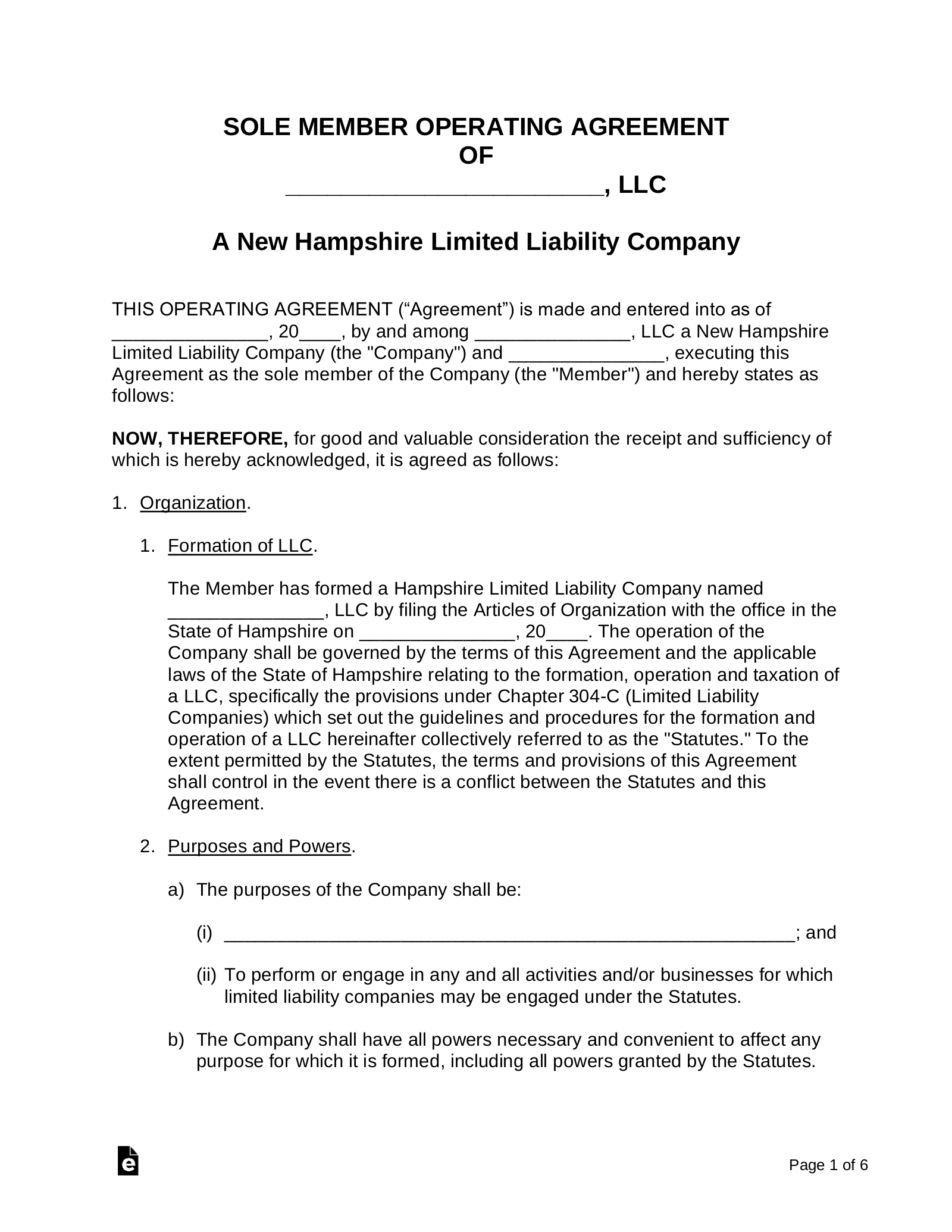 New Hampshire Single Member LLC Operating Agreement Form
