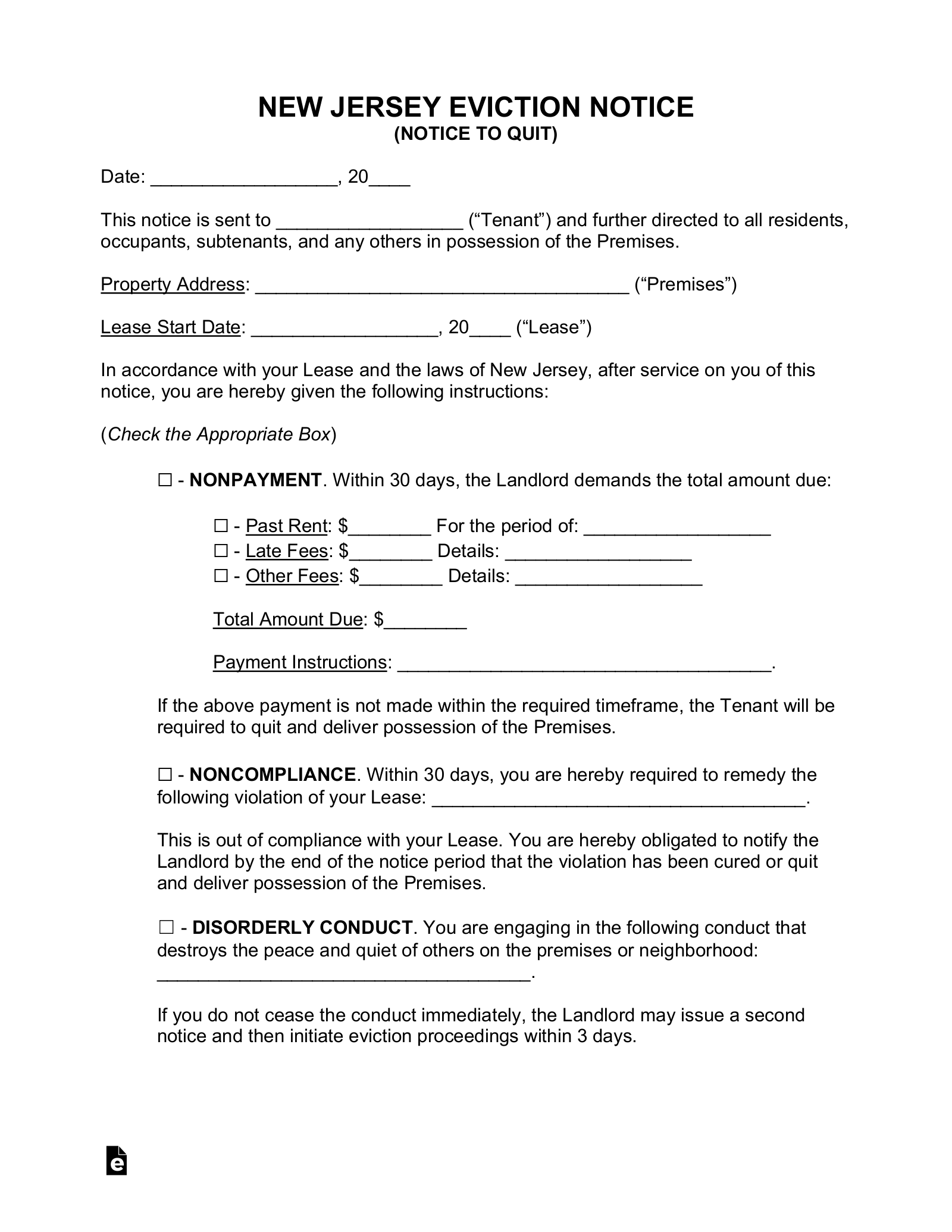 Free New Jersey Eviction Notice Forms 2 PDF Word EForms