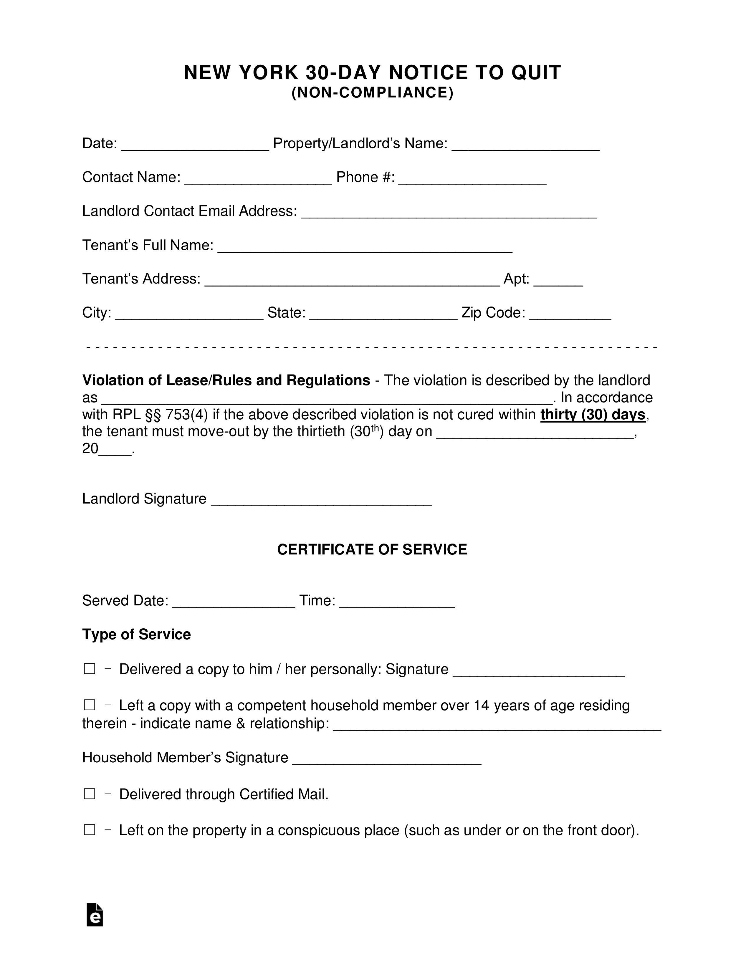 New York 30-Day Notice to Quit Form | Non-Compliance