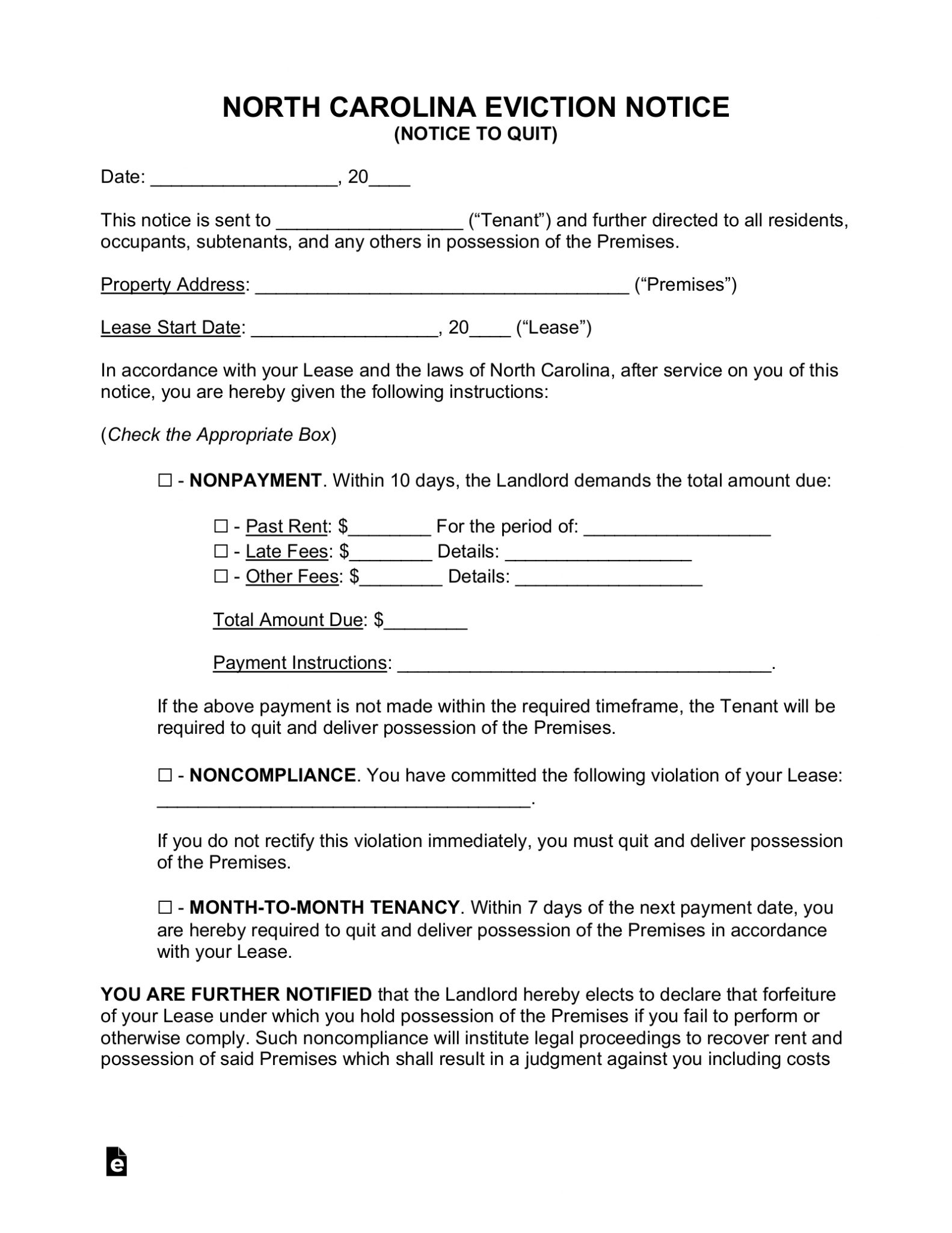 Free North Carolina Eviction Notice Forms (3) - PDF | Word – eForms