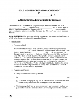 North Carolina Single Member LLC Operating Agreement Form