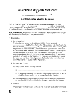 Ohio Single Member LLC Operating Agreement Form