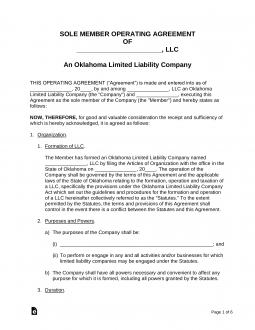 Oklahoma Single Member LLC Operating Agreement Form